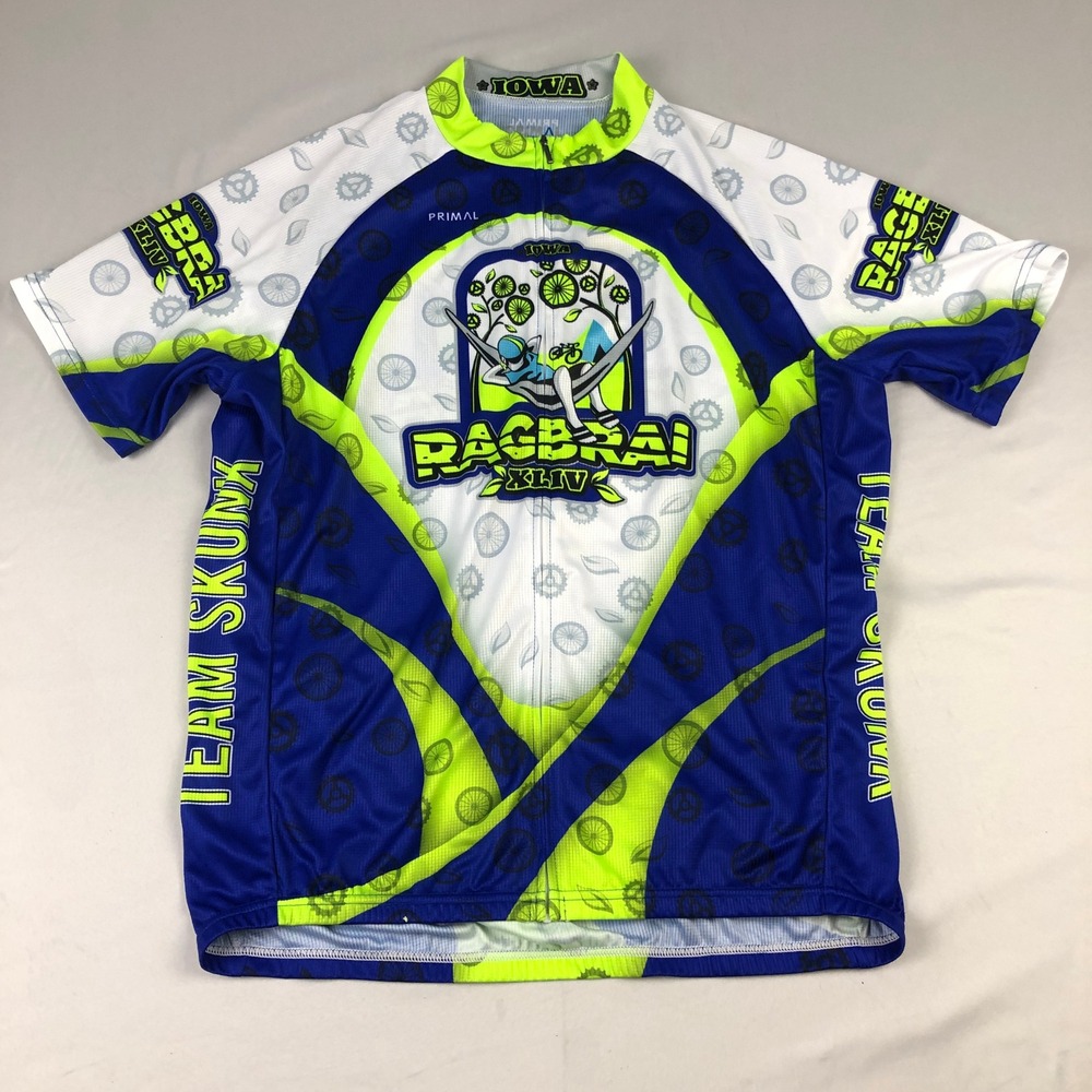 Primal RAGBRAI XLIV Team Skunk Cycling Jersey Mens XL Blue Lime Green Iowa Bike